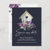 NAVY BOHO RUSTIC FLORAL BIRDHOUSE BEWAART DE DATUM AANKONDIGINGSKAART (Voorkant / Achterkant)