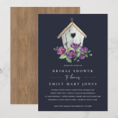 NAVY BOHO RUSTIC FLORAL BIRDHOUSE VRIJGEZELLENFEES KAART (Voorkant / Achterkant)