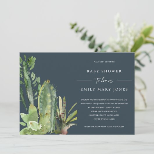 NAVY BOHO SUCCULENT DESERT CACTI FAUNA BABY SHOWER KAART (Staand voorkant)