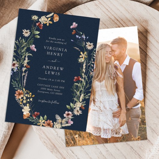 Navy Boho Wedding Invitation Kaart