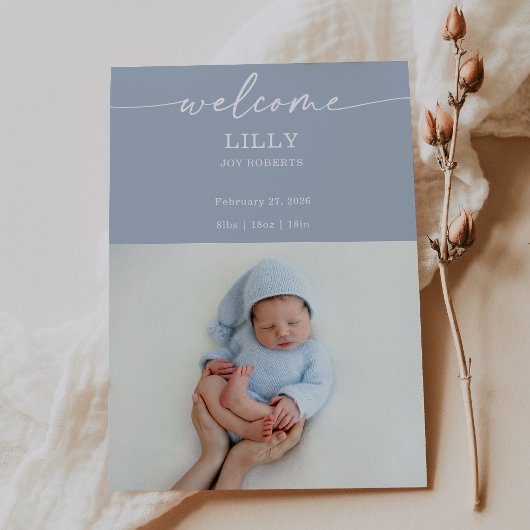 Navy Boho Welcome Baby Photo Announcement Card Kaart