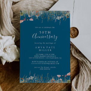Navy Boho Wildflower 50ste bruiloft Jubileum Kaart