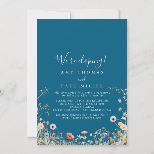 Navy Boho Wildflower Elopement Receptie Kaart (Voorkant)