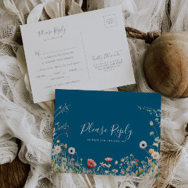 Navy Boho Wildflower Menu Keuze RSVP Briefkaart