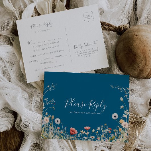 Navy Boho Wildflower Menu Keuze RSVP Briefkaart