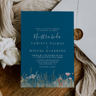 Navy Boho Wildflower Nuestra Boda Bruiloft Kaart