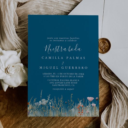 Navy Boho Wildflower Nuestra Boda Bruiloft Kaart