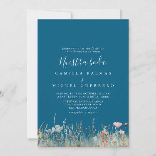 Navy Boho Wildflower Nuestra Boda Wedding Kaart (Voorkant)