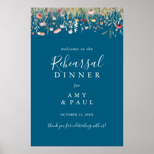 Navy Boho Wildflower Repetitie Diner Welkom Poster (Voorkant)