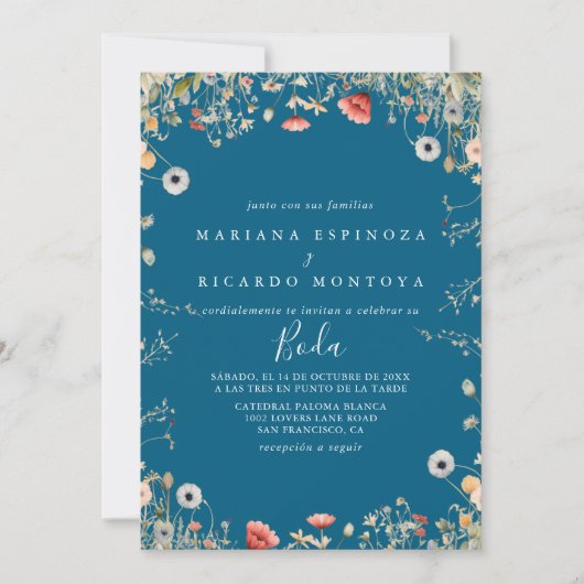 Navy Boho Wildflower Spaanse bruiloft Kaart (Voorkant)