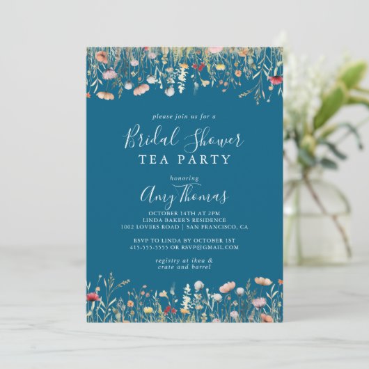 Navy Boho Wildflower Vrijgezellenfeest Tea Party Kaart (Staand voorkant)