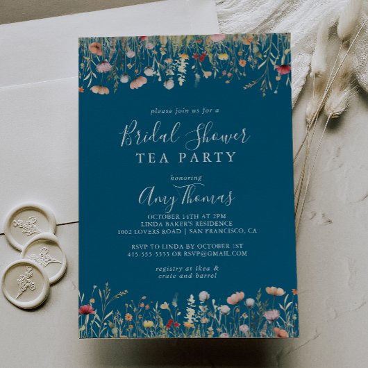 Navy Boho Wildflower Vrijgezellenfeest Tea Party Kaart
