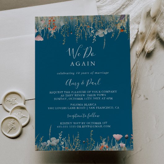 Navy Boho Wildflower We Do Again Vow Hernieuwing Kaart