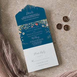 Navy Boho Wildflower Wedding All In One Uitnodiging