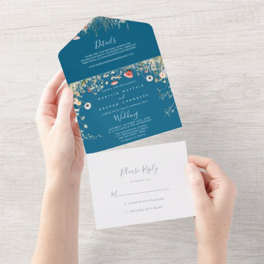 Navy Boho Wildflower Wedding All In One Uitnodiging (Afscheurbaar)