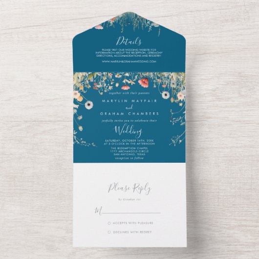 Navy Boho Wildflower Wedding All In One Uitnodiging (Binnen)