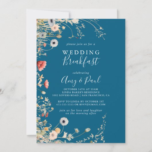 Navy Boho Wildflower Wedding Breakfast Kaart (Voorkant)