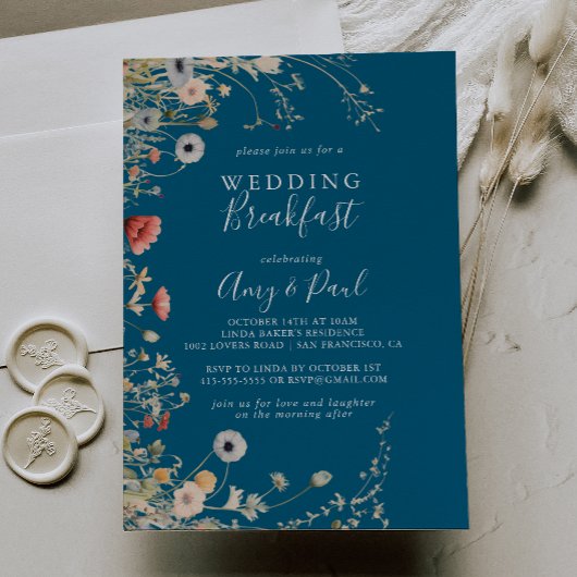 Navy Boho Wildflower Wedding Breakfast Kaart