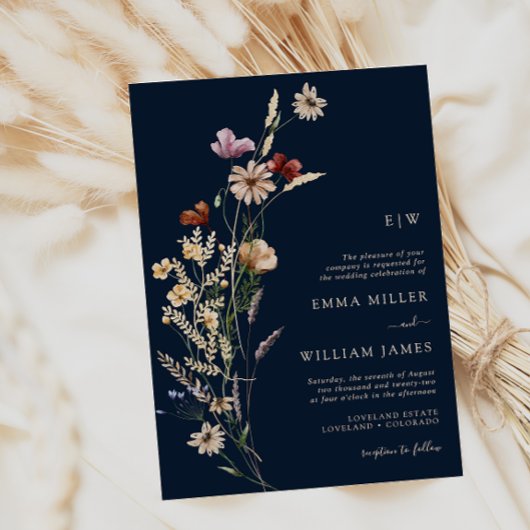 Navy Boho Wildflower Wedding Invitation Kaart