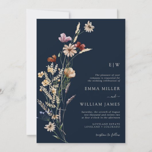 Navy Boho Wildflower Wedding Invitation Kaart (Voorkant)