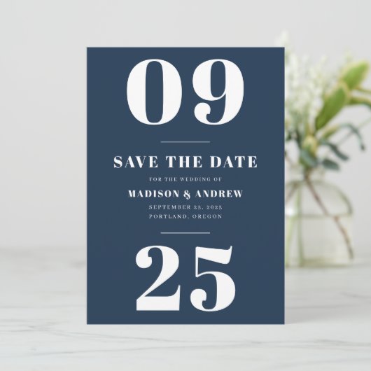 Navy Bold Typografie Save the Date (Staand voorkant)