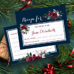 Navy bordeaux bloemenbruid om receptkaart te zijn briefkaart<br><div class="desc">Chique en stijlvolle bruid om recept briefkaart met rode bordeaux en witte pioen bloemboeketten met seizoensgebonden winterspar takken,  rode bessen en gebladerte op middernacht marineblauwe achtergrond. Ideaal voor uw winter / kerst bloementhema vrijgezellenfeest.</div>