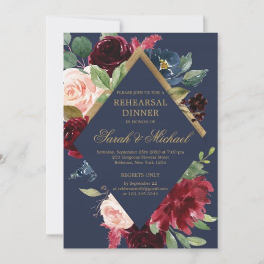 Navy bordeaux blush boho bloemenrepetitie diner kaart (Voorkant)
