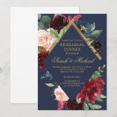 Navy bordeaux blush boho bloemenrepetitie diner kaart (Voorkant / Achterkant)