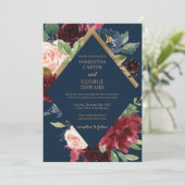 Navy bordeaux en gouden folie boho winterbruiloft kaart (Staand voorkant)