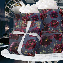 Navy Bordeaux Jewel Tone Burgundy Peony Wedding Cadeaupapier