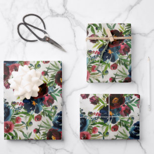 Navy Bordeaux Peonies Blooming Garden Inpakpapier Vel