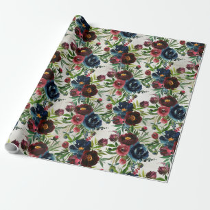 Navy Bordeaux Peonies Blooming Garden Wrapping Pap Cadeaupapier
