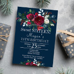 Navy bordeaux pioenen winter bloemenzoet zestien kaart<br><div class="desc">Floral chique elegante winterzoet zestien / 16e verjaardagsfeestuitnodiging sjabloon op donker middernacht marineblauw met rode bordeaux pioenachtige rozen en dennengroene seizoensgebonden zilvertakken en bladeren. Vul uw gegevens in de spots in, U kunt ervoor kiezen om het verder aan te passen door de achtergrond navy kleur, lettertypen en kleuren van belettering...</div>