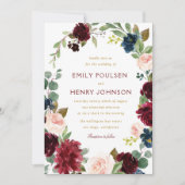 Navy bordeaux waterverf bloemenbruiloft kaart (Voorkant)