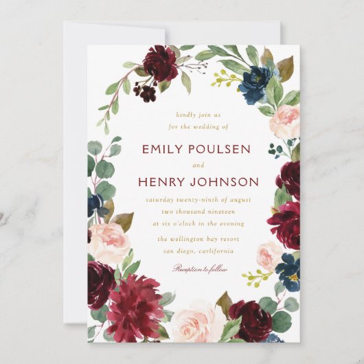 Navy bordeaux waterverf bloemenbruiloft kaart (Voorkant)