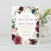 Navy bordeaux waterverf bloemenbruiloft kaart (Staand voorkant)