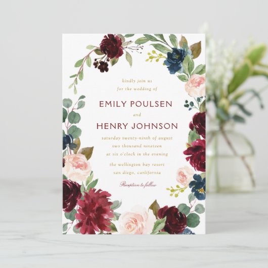 Navy bordeaux waterverf bloemenbruiloft kaart (Staand voorkant)