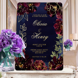 Navy Bordeaux Wedding Gold Folie Uitnodiging