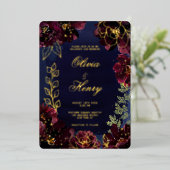 Navy Bordeaux Wedding Gold Folie Uitnodiging (Staand Voorkant)