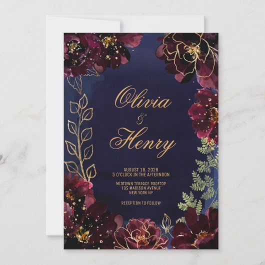 Navy Bordeaux Wedding Kaart (Voorkant)