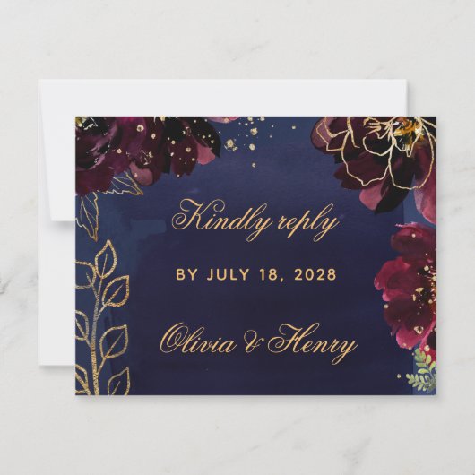 Navy Bordeaux Wedding RSVP Mail Back Kaart (Voorkant)