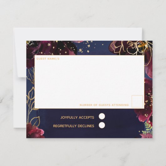 Navy Bordeaux Wedding RSVP Mail Back Kaart (Achterkant)