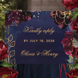 Navy Bordeaux Wedding RSVP Mail Back Kaart