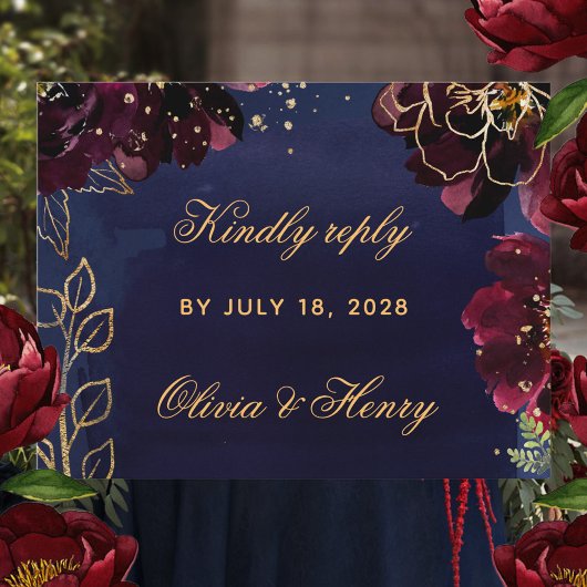 Navy Bordeaux Wedding RSVP Mail Back Kaart