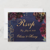 Navy Bordeaux Wedding RSVP Mail Back Kaart (Voorkant)