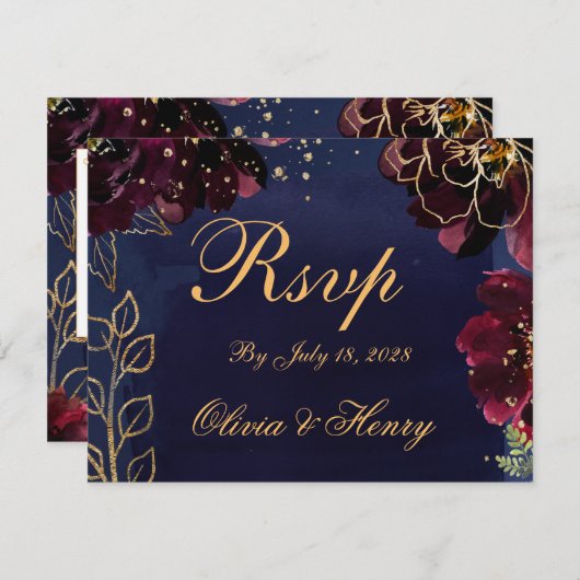 Navy Bordeaux Wedding RSVP Mail Back Kaart (Voorkant / Achterkant)