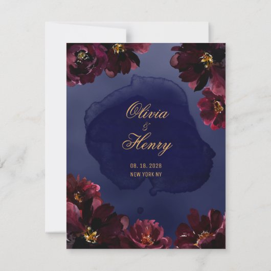 Navy Bordeaux Wedding Save the Date Kaart (Achterkant)