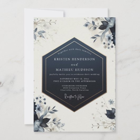 Navy Botanical Bloom Wedding Kaart (Voorkant)