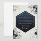 Navy Botanical Bloom Wedding Kaart (Voorkant / Achterkant)