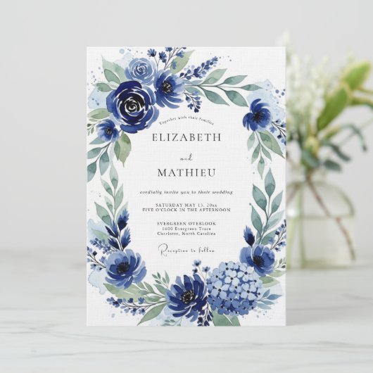 Navy Botanical Bloom Wedding Kaart (Staand voorkant)